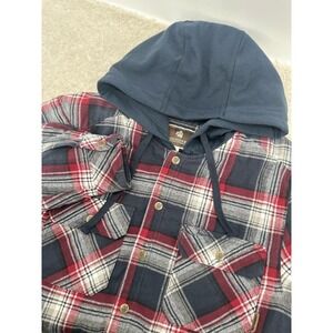 Legendary Outfitters Jacket Mens Large Red Navy Plaid Hooded Quilted Flannel